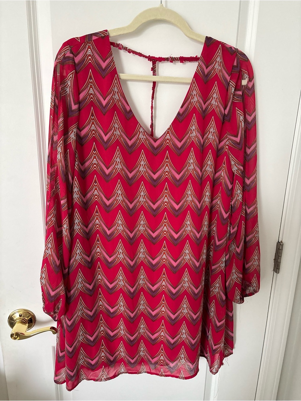 Fuscha Pink Retro Print Babydoll Mini Long Open Sleeve Dress Flattering M